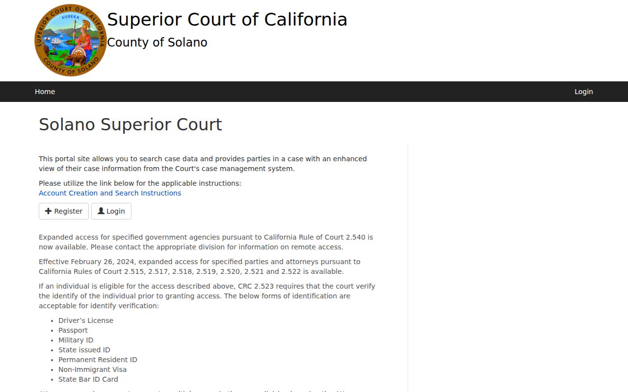 Vallejo residents directory view of the Solano Superior Court portal