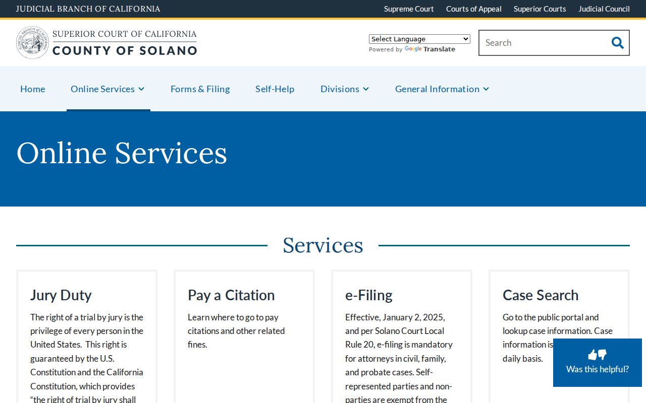 Vallejo residents directory view of Solano Superior Court online services