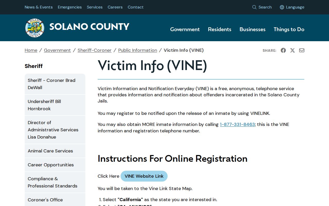 Vallejo residents directory view of Solano custody and release notification guidance