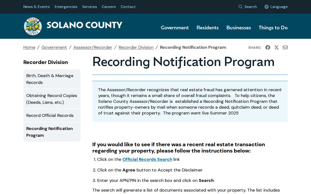 Vallejo neighbors view of the Solano recording notification program