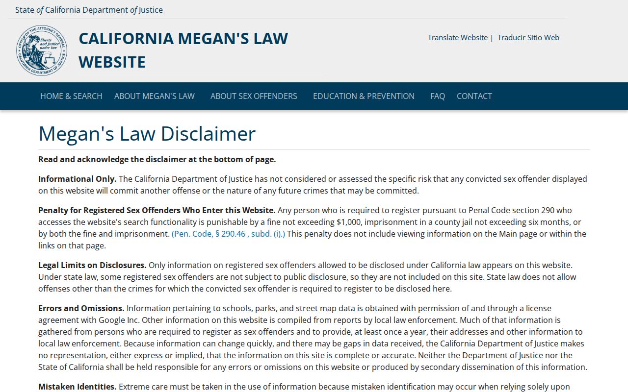 Vallejo resident lookup view of the California Megan's Law search
