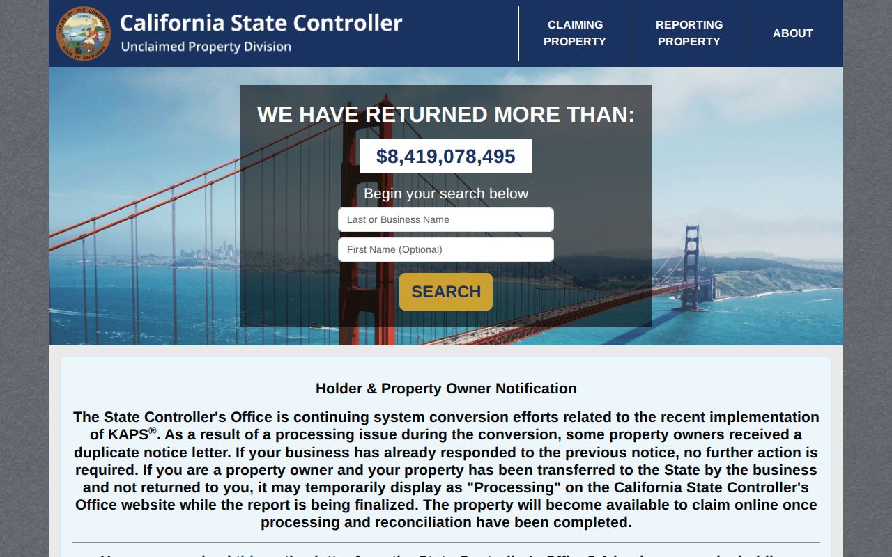 Vallejo resident lookup view of the California unclaimed property search