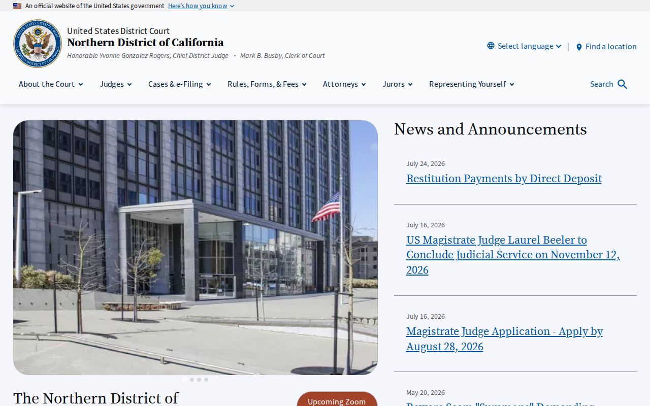 Vallejo resident lookup view of the Northern District of California court site