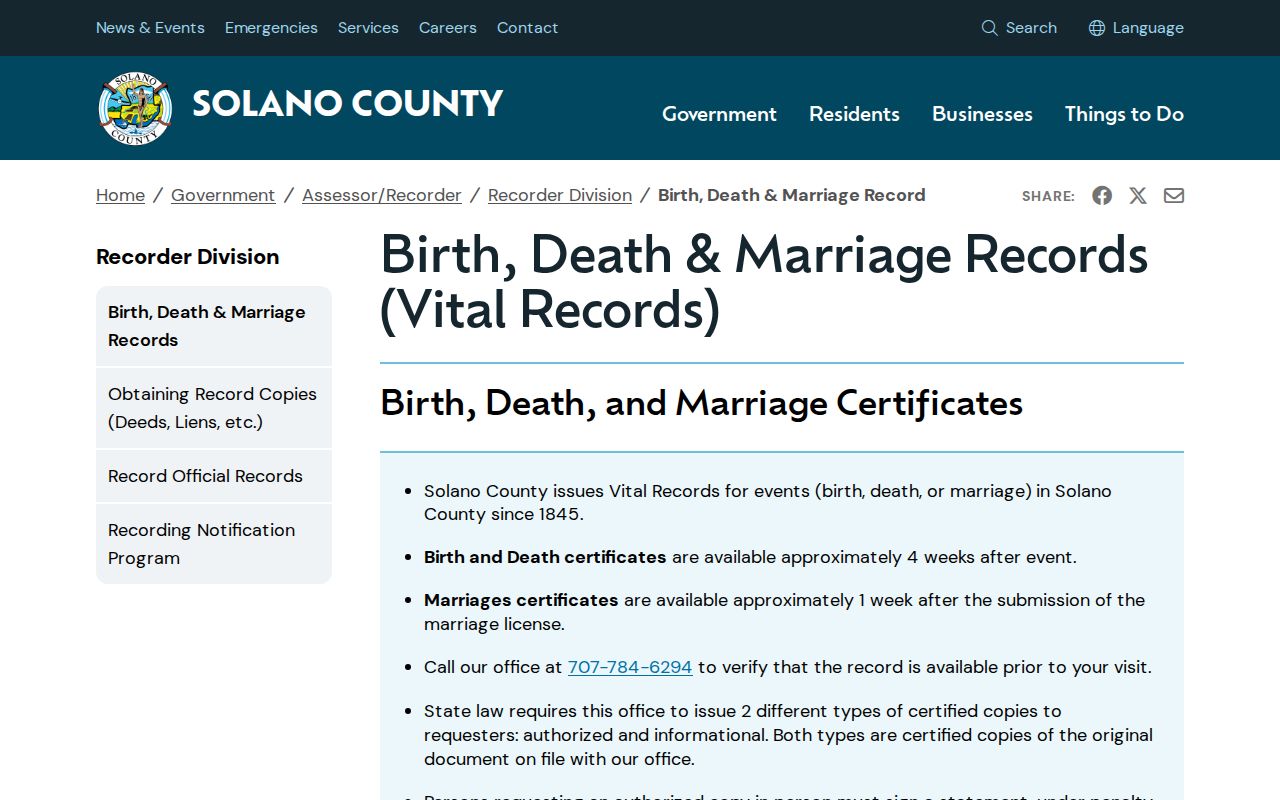 Vallejo resident lookup view of Solano birth, death, and marriage records
